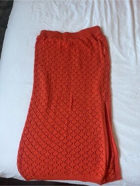 Textured Orange Maxi Knit Skirt with Side Slit